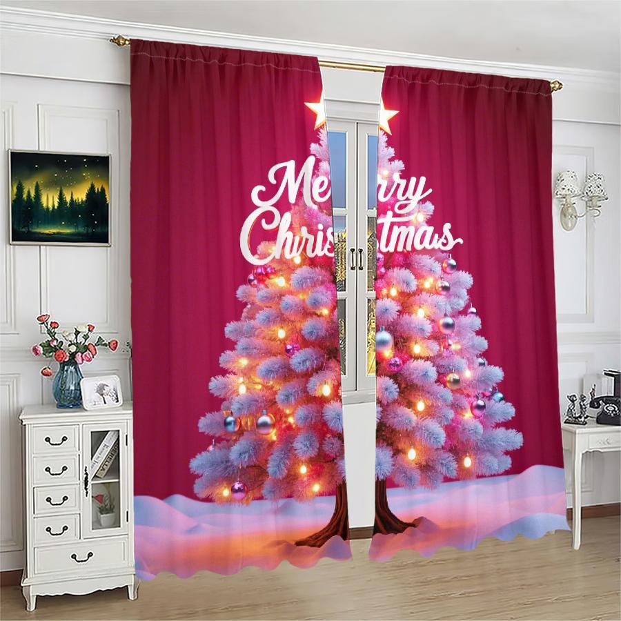 Luxury Set Of 2 Christmas Santa Claus Tree Pattern Printed Curtains Decorations Home Room Curtain Polyester