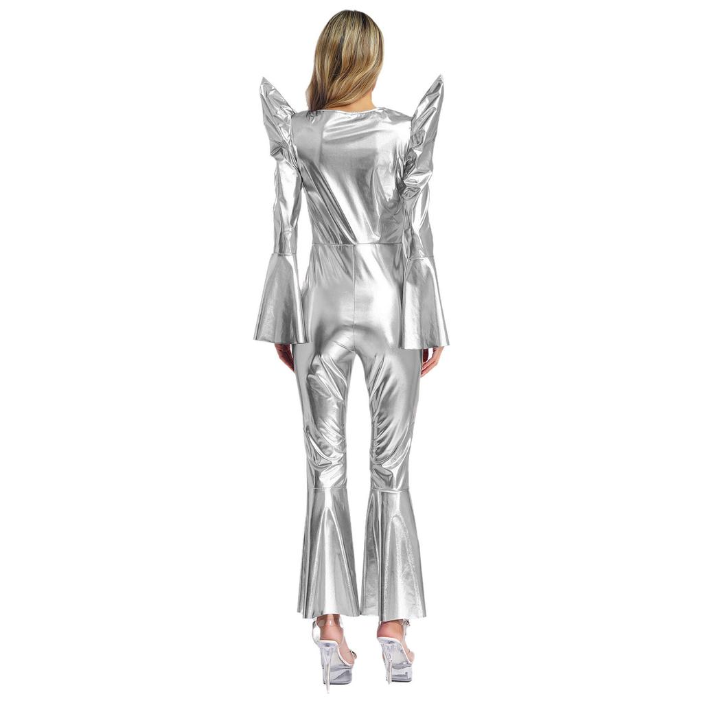 Tuta Disco Metallizzata Lucida da Donna Manica Lunga Vita Alta Zip Frontale Fondo a Zampa Romper Abbigliamento da Club