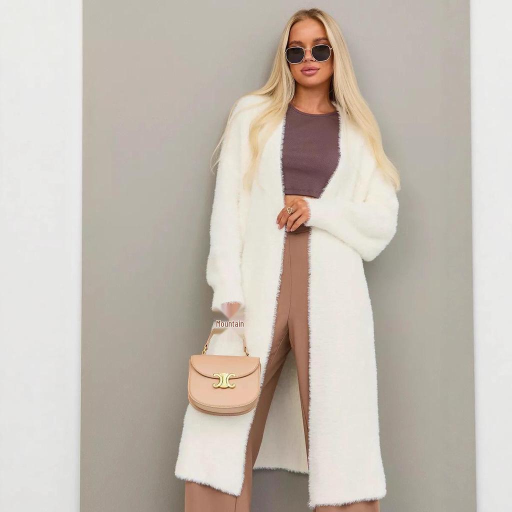 Cardigan Long en Tricot Cachemire Faux Vison Blanc pour Femme - Doux, Ample, Style Décontracté pour l'Automne et l'Hiver