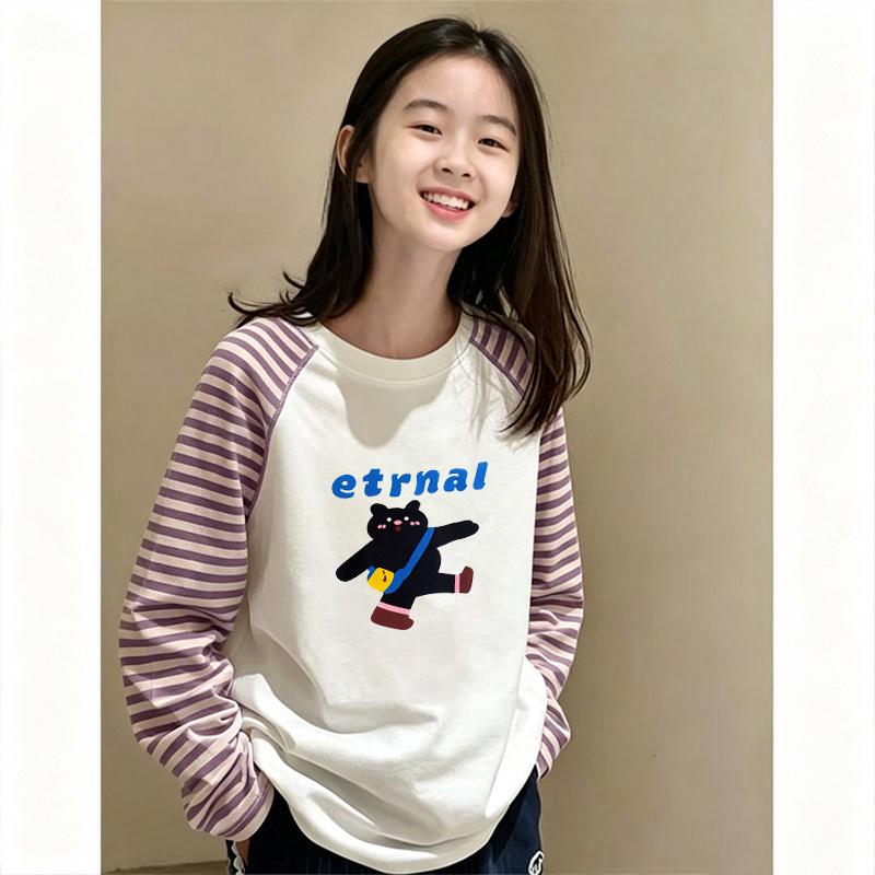 Girls' Korean Style Patchwork Striped Long-Sleeve T-Shirt—Trendy Color Block Base Layer for Spring and Autumn