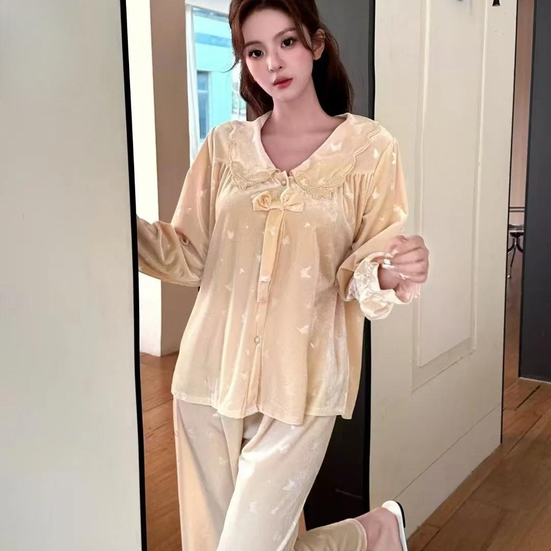 

Новая высококачественная элегантная пижама из золотистого бархата для женщин, осенне-зимняя верхняя одежда с длинным рукавом, утягивающая домашняя одежда XXL жёлтый