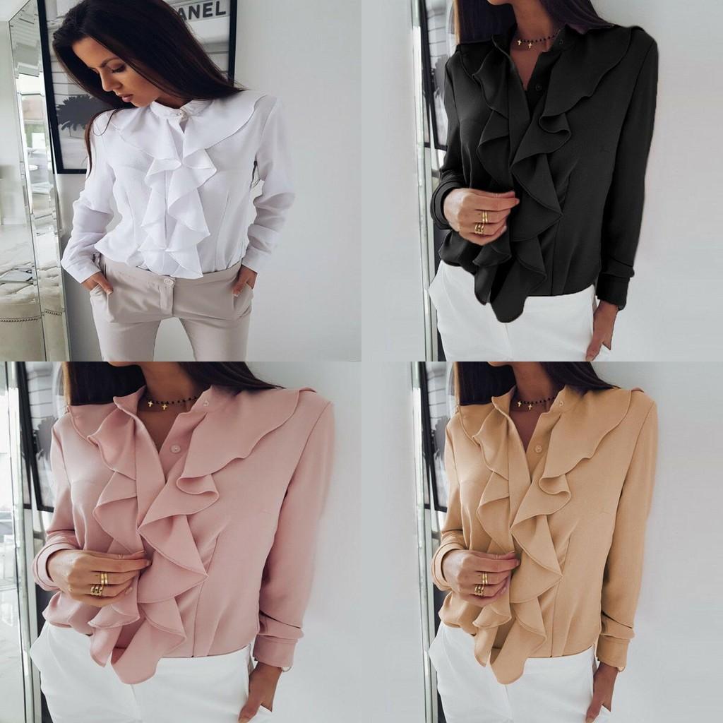 Elegant Womens Ruffle Summer Long Sleeve Solid Plain Blouse Shirt For Office Wear