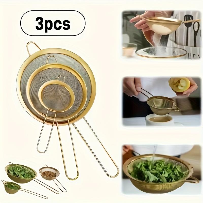 3pcs Gold-colored Fine Mesh Flour Sieve Kitchen Skimmer Baking Tool Kitchen Accessories Kitchen Tools, Restaurant Tools