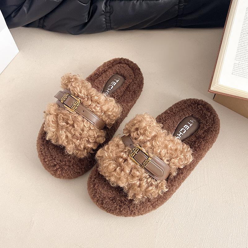 

Женские пушистые тапочки на толстой подошве с кудрявым мехом, новинка осени и зимы 2025 года, корейская версия, тапочки для улицы, мягкая подошва, хлопковые тапочки с перемычкой 40 хаки