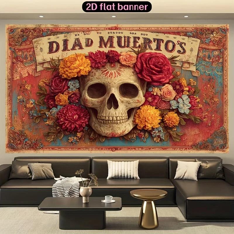 2D flat banner, 1 Mexican Day of the Dead background banner - vibrant flower and skull design