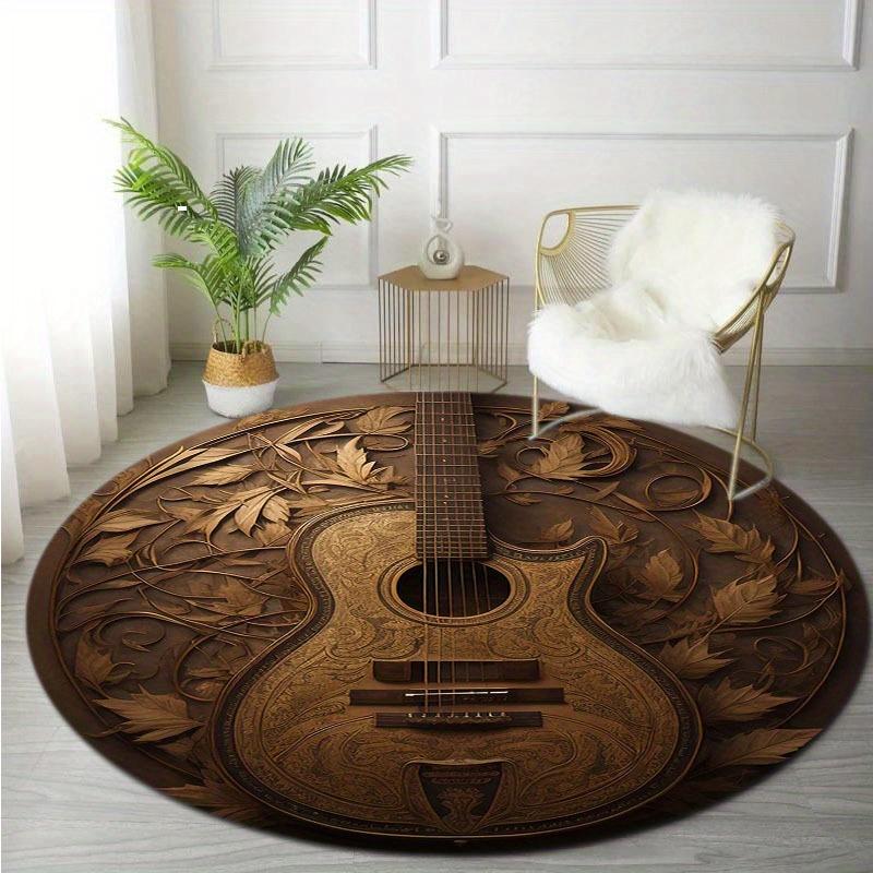 Samt Gitarre & Ahornblatt Runde Matte - Nur Handwäsche Tragbarer Teppich für Wohnzimmer, Schlafzimmer, Büro & Camping Dekoration