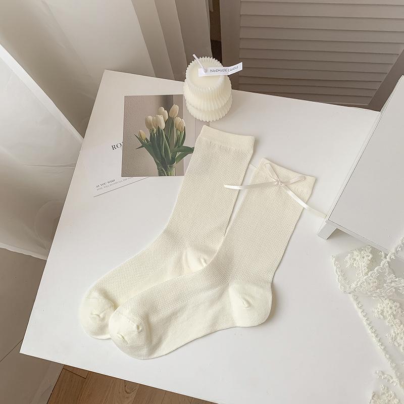 

Белые носки с бантом для женщин, весенне-осенние носки до середины икры, хлопковые носки, милый балетный стиль, летние тонкие махровые носки 1 pair