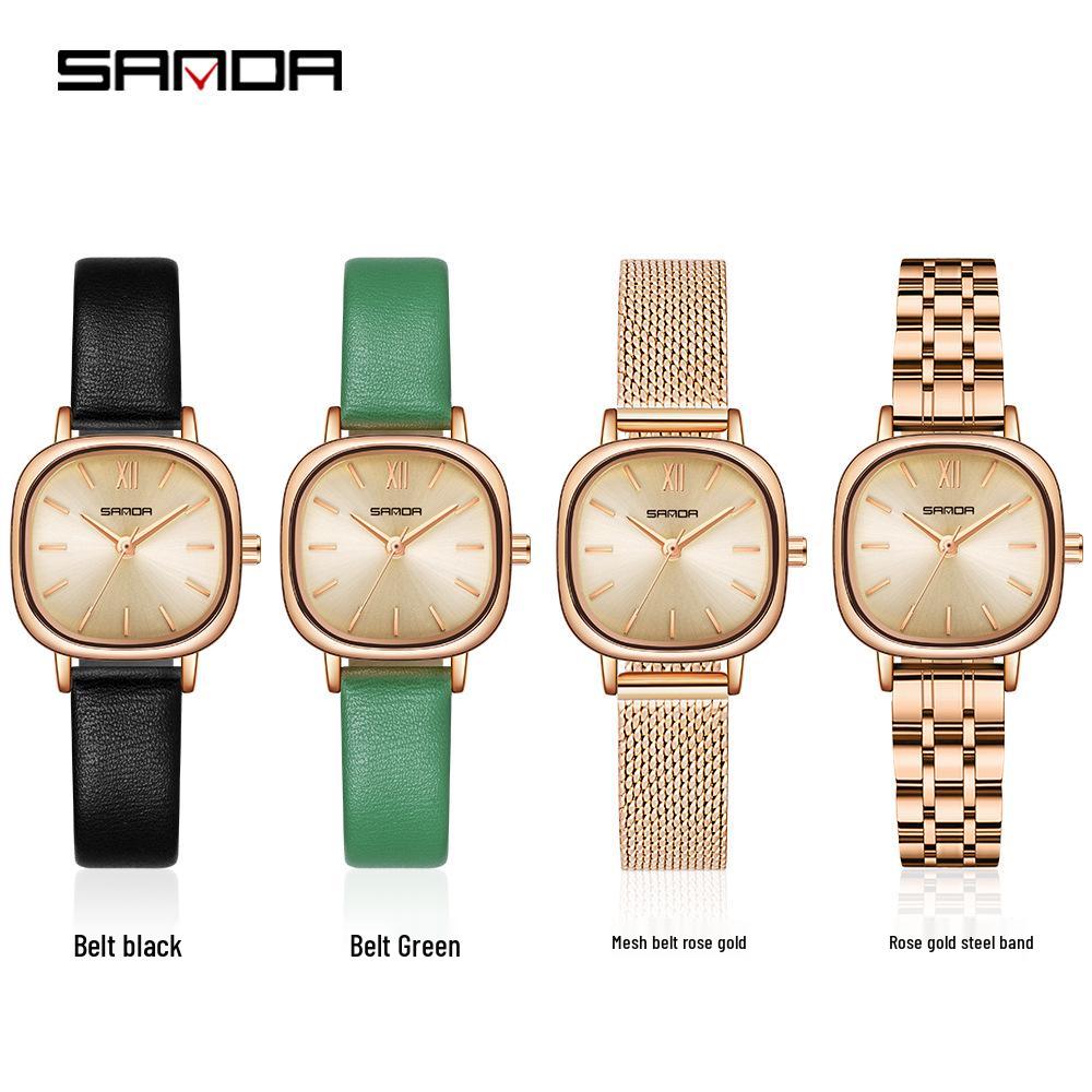 Sanda Ladies' Small Square Steel & Leather Quartz Watch
