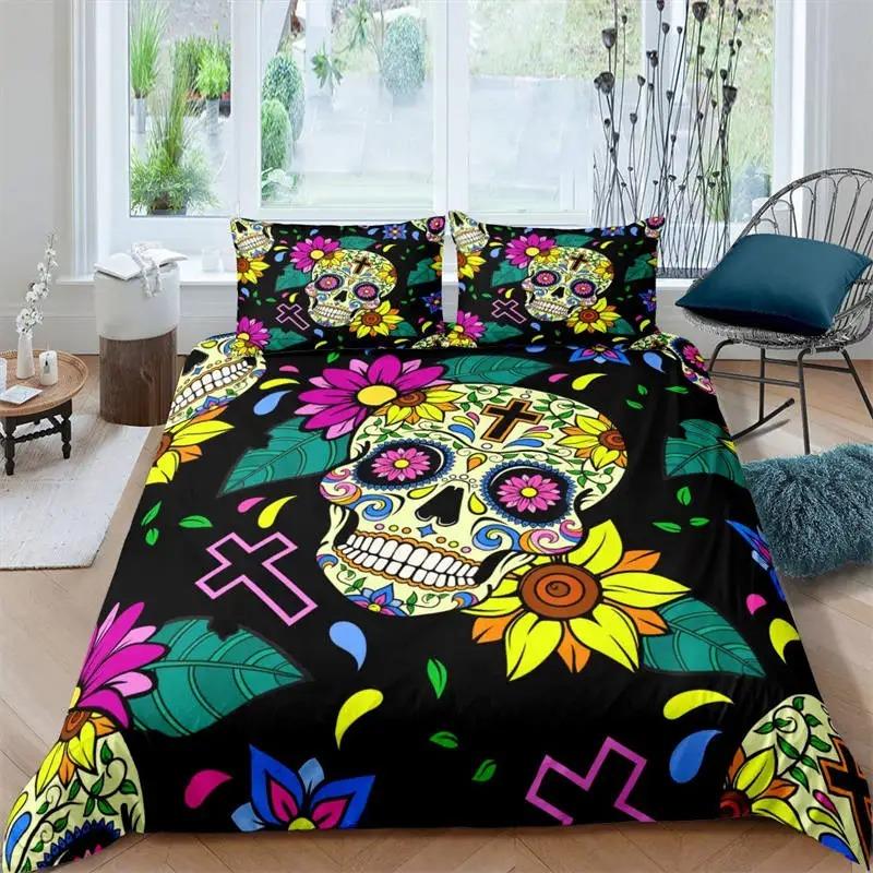 Sugar Skull Duvet Cover Luxury Gothic Skeleton Bedding Set Halloween Theme Floral Comforter Cover Twin Full For Girls Kids Teens