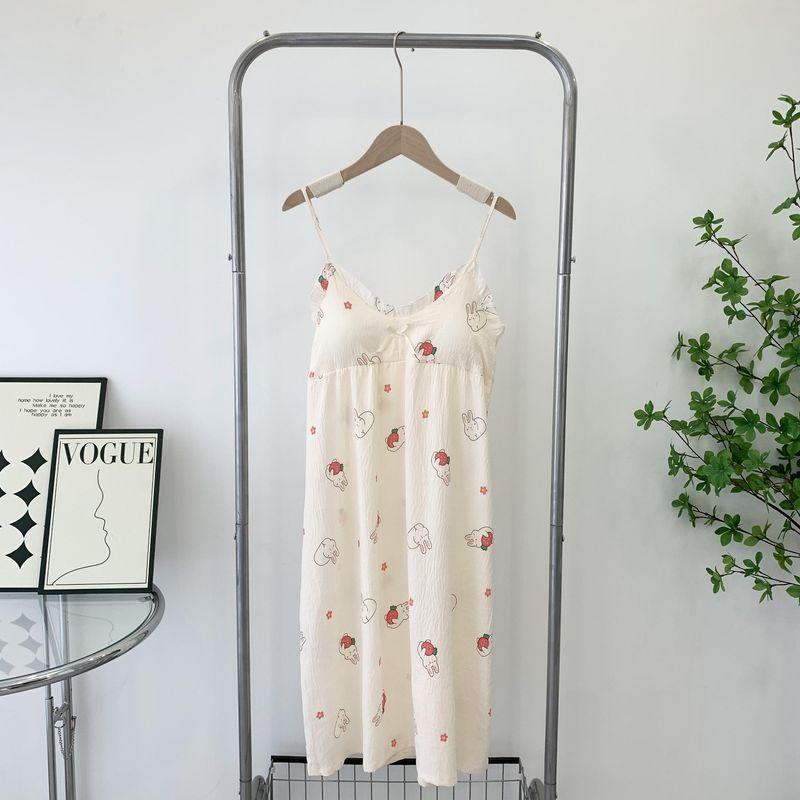 With Chest Pad Anti-exposure Nightdress Summer New Woven Foamed Cotton Suspender Dress Cute Sweet Girl Sleeveless Pajamas