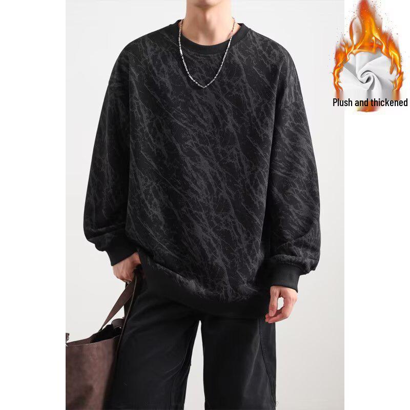 Men s American Retro Marble-Patterned Embroidered Hoodie - Plus Velvet Warm, Loose Fit, Round Neck Pullover for Autumn & Winter Medium чёрный