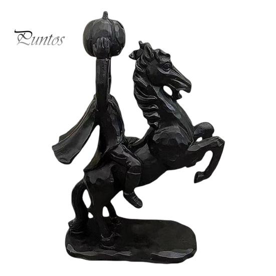 Resin Horse with Pumpkin Headless Horseman Holding Statue, Matte Black Halloween Figurine, Unique Dark Atmosphere Ornaments Gothic Tabletop Decor for
