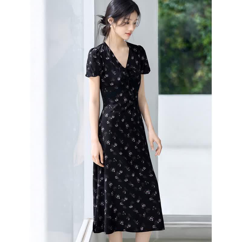 Women s French Elegant V-Neck Puff Sleeve Floral A-Line Dress L