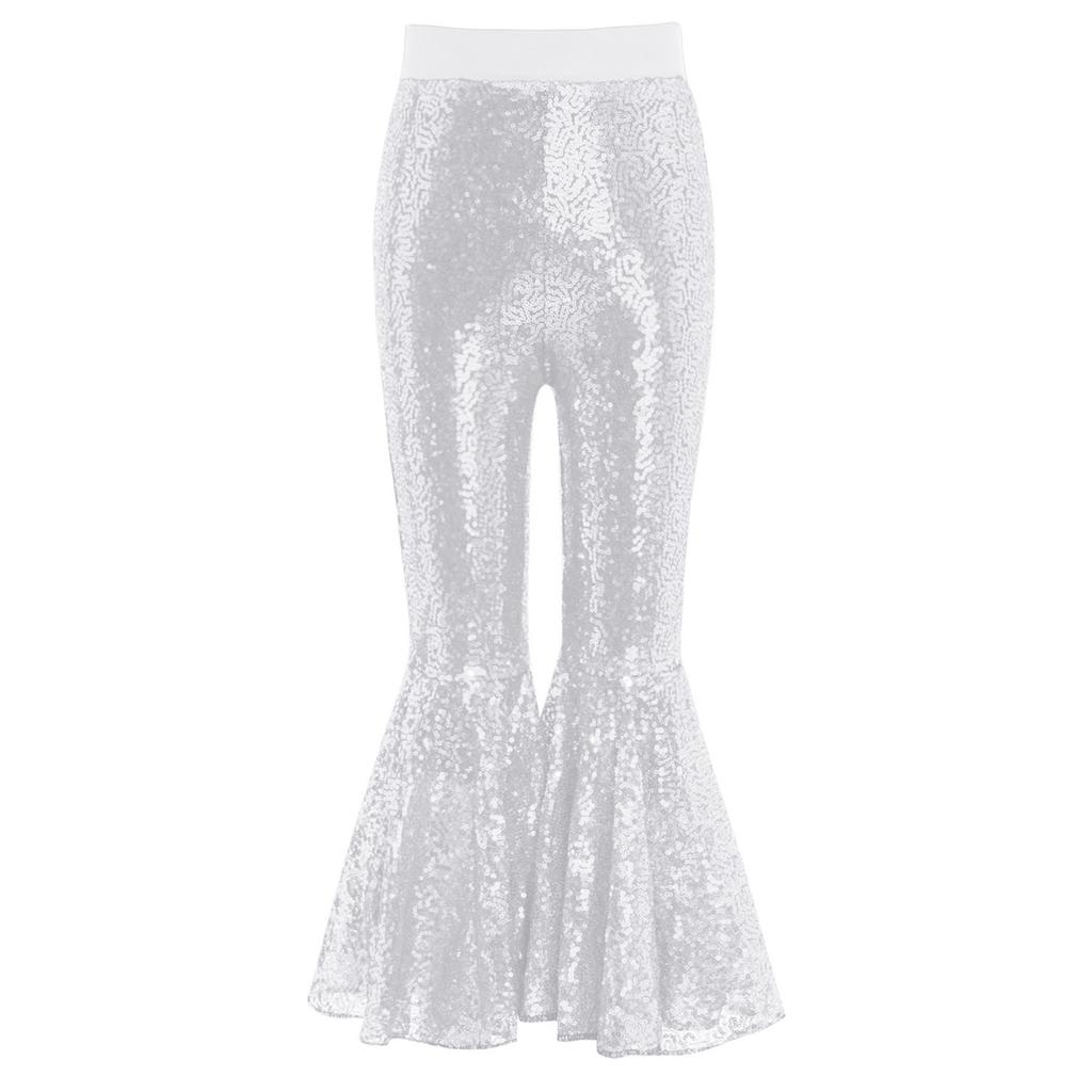 Girls Dance Performance Shiny Sequins Flared Pants Elastic Waistband Bell Bottom Trousers