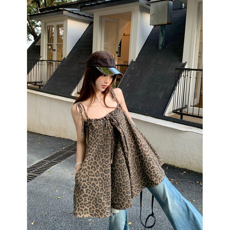 Kumikumi Gyaru Style Design Sense Leopard Print Lace-up Cami Women Clothes Summer Niche Chic Loose Top