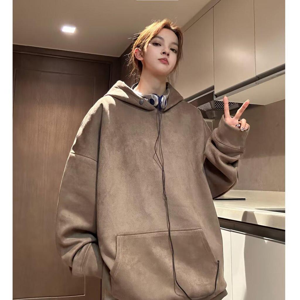 Unisex American Retro Heavyweight Suede Hoodie for Teens - Autumn/Winter Student Loose-Fit Outerwear