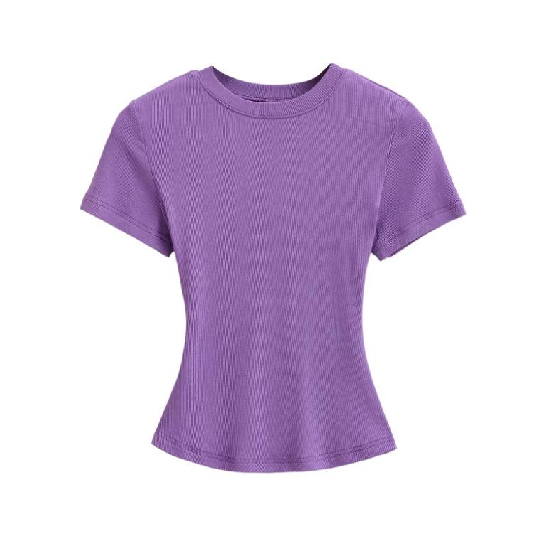Summer New Female American Spice Girl Solid Color Crew Neck Short Sleeve T-Shirt Basic Threaded Bottom Top