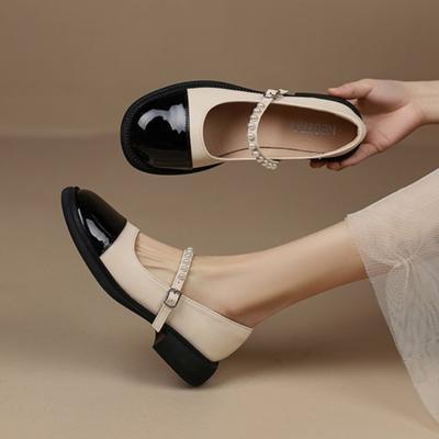 2024 Vente chaude Talon carré Color-block Perlé Boucle Une ligne Chaussures simples à talons pour femmes avec Décolleté peu profond et Polyvalentes