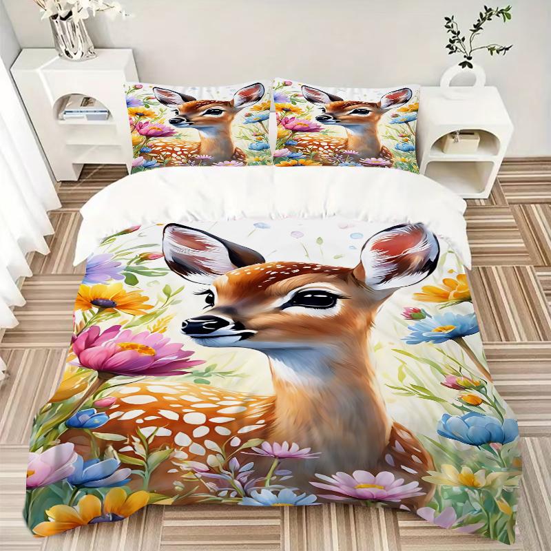 3Pcs Deer Wildflowers Bedding Set Soft Fabric Duvet Cover Pillowcases Home Christmas Xmas Halloween Gift 1 Duvet Cover 2 Pillowcase G1204