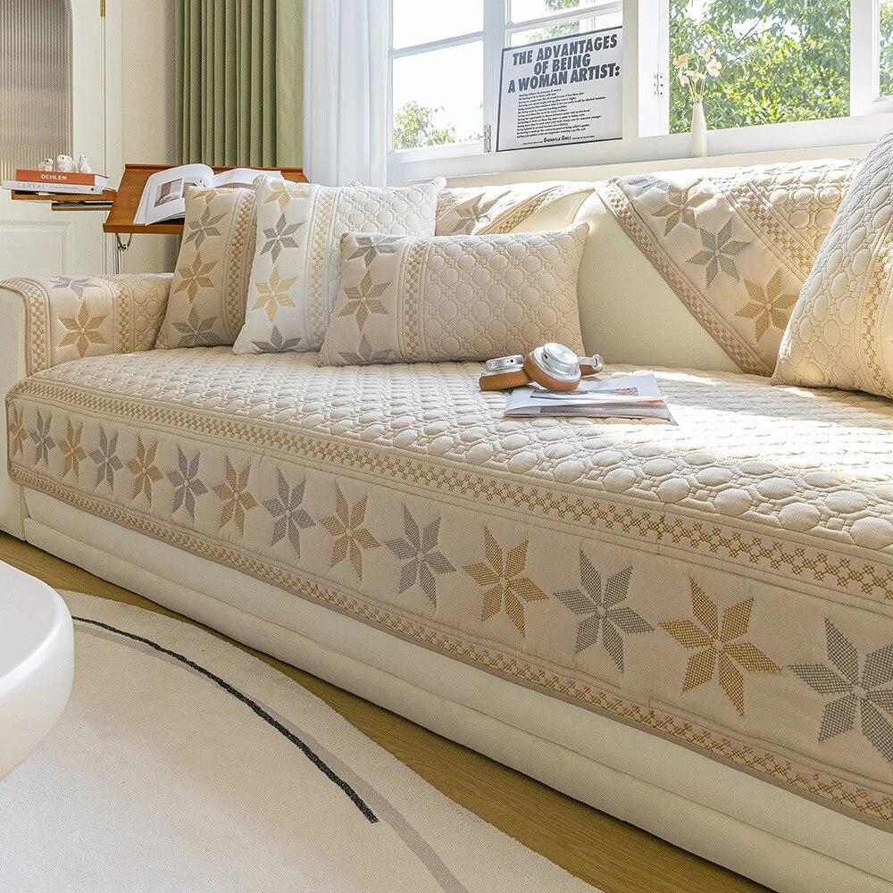Embroidered Sofa Towel Pillowcase Polyester Cotton Sofas Cushion Anti Slip Wear-resistant Snowflake Patterned Sofa Cover Blanket