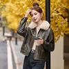 Damen Retro Winter Lederjacke mit abnehmbarem Fellkragen und Fleecefutter