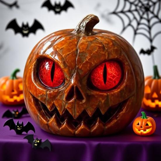 Rotäugige Kürbisfigur Handgefertigte Kürbisstatue aus Kunstharz in Marmoroptik mit bernsteinfarbenen Augen Halloween Tischdeko Regaldeko