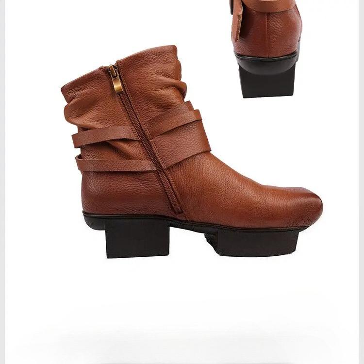 Johnature Cowhide Women's Short Boots Genuine Leather Versatile Mid Heel Square Toe Boots