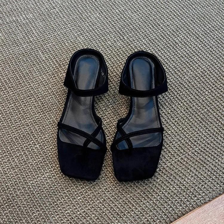 Soft leather version~ Simple casual cover toe with sandals women's retro versatile square head wedge heel wear cool slippers