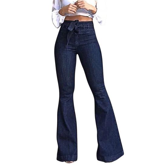 Women Jeans High Stretch Wide-Leg Pants Lace-up Button Zipper Fly