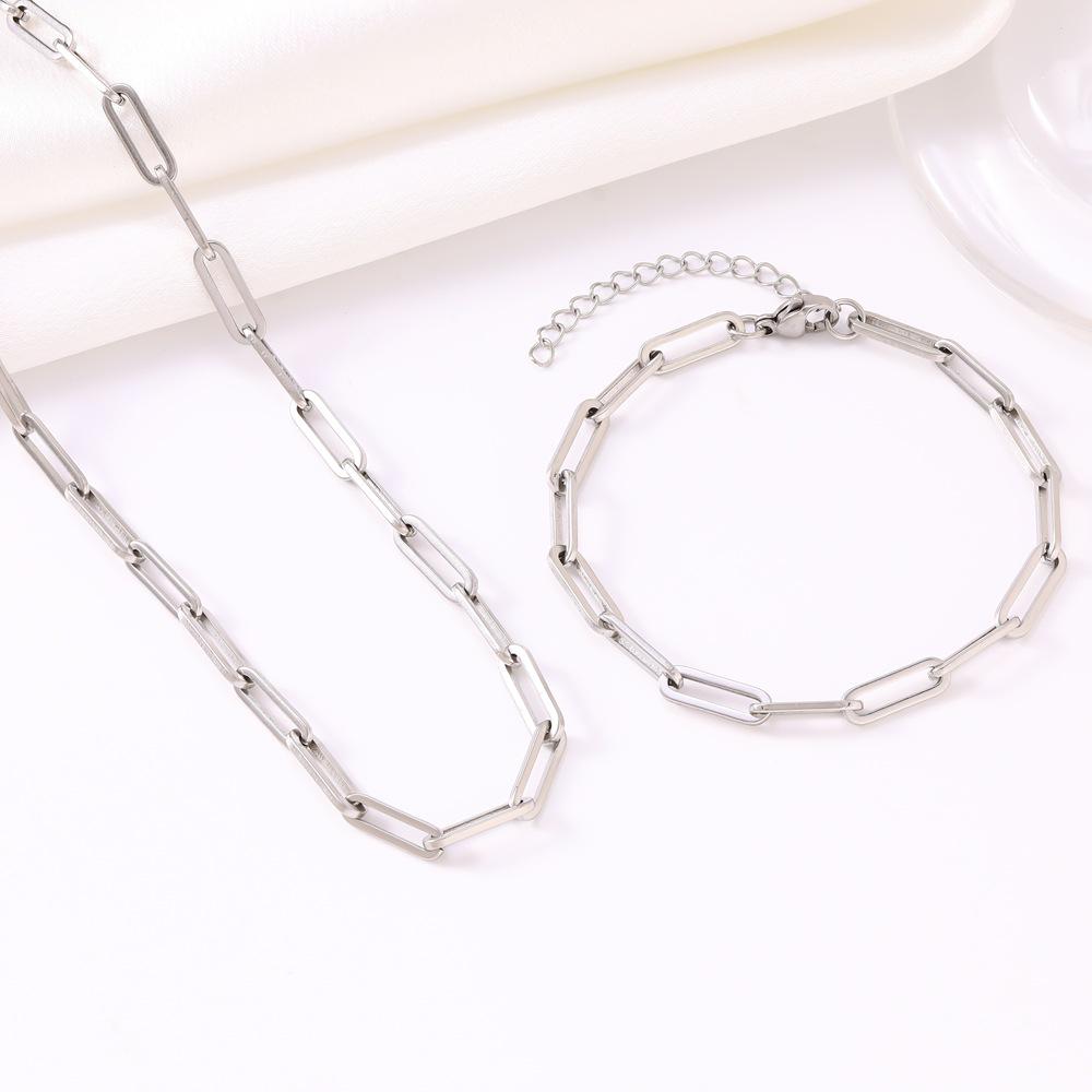 European-American Retro Punk Titanium Steel Paperclip Chain Bracelet Necklace Set for Women