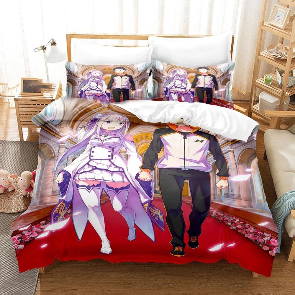 3D Printed Anime  Re Zero Rem Ram Emilia Bedding Set Boys Girls Twin Queen Size Duvet Cover Pillowcase Bed Kids Adult