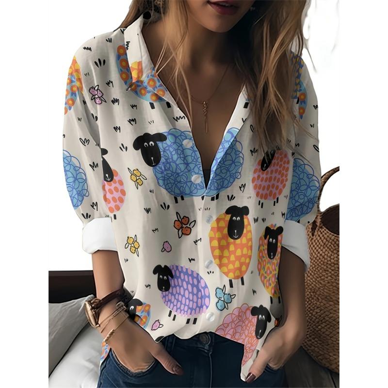 Damen Revers Hemd Tops Lässig Langarm Knöpfe Hemden Damen Tops Lustiges Katzenmuster Damenhemden Damen
