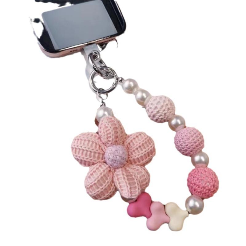 Kurze Handgemachte Wollblume Liebes Tasche Perlen Anhänger Internet Berühmtheit Handy Lanyard Tragbare Kette Lanyard