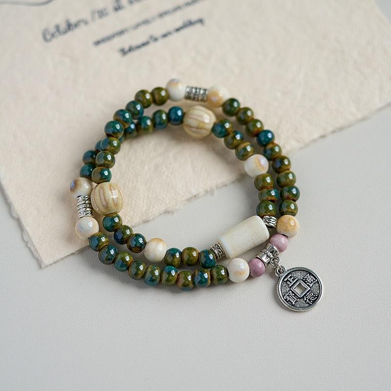 Jingdezhen Ceramic Bracelet New Chinese Style Student Antique Double Circle Beaded Bracelet Jewelry Hand-woven