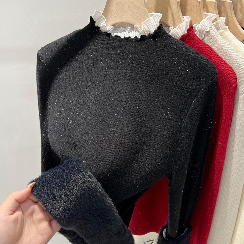 Semi-turtleneck Velvet Thickened Bottoming Shirt for Women's Autumn and Winter New Integrated Velvet Warm Inner with Ruffle Leaf Edge Top for Women