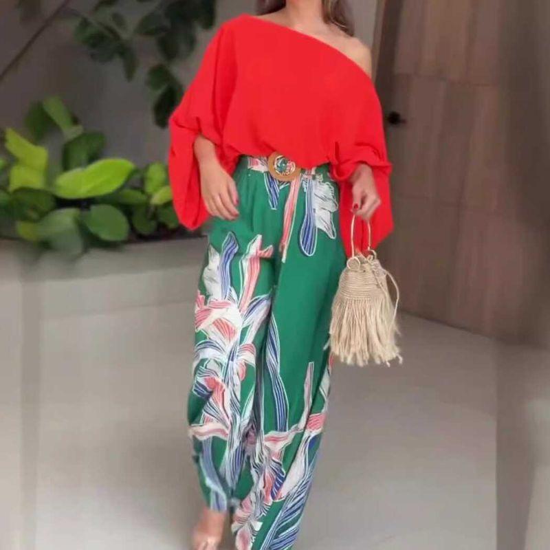 

Casual Top Women Pants Women clothes New Set Casual Loose Rose Top High Waist Trousers Two-color Suit L