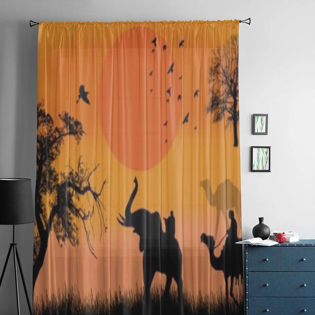 African Safari With Camels And Elephant On Sunset Tulle Sheer Curtains for Living Room Kitchen Decoration Voile Organza Curtains