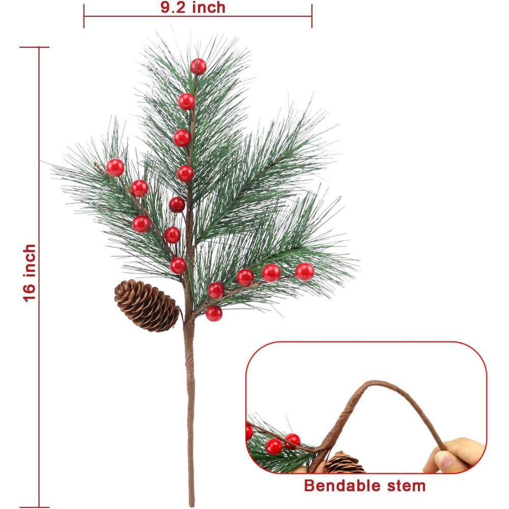 Christmas Berries Pine Picks Christmas Flowers Artificial Red Berry Pine Branches Long Faux Pine Stems with Pinecones for Xmas Tree Floral Arrangement