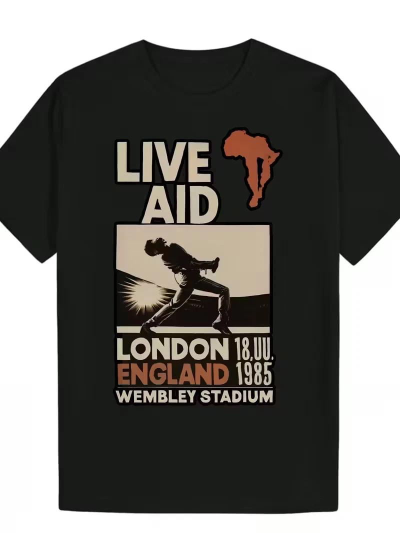 Men S Casual Summer T-Shirt - Live Aid Concert Graphic, Black Polyester Crew N M