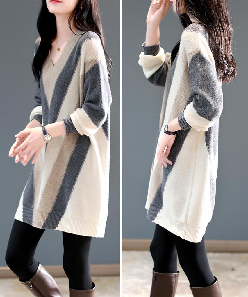 Man Knit Mini Long Loose Everyday Room High School Body Pregnant Tunic Gray [Nie Bai] Tunic, Autumn/Winter, V-neck Sweater, Top, Cute, Stylish, Warm,
