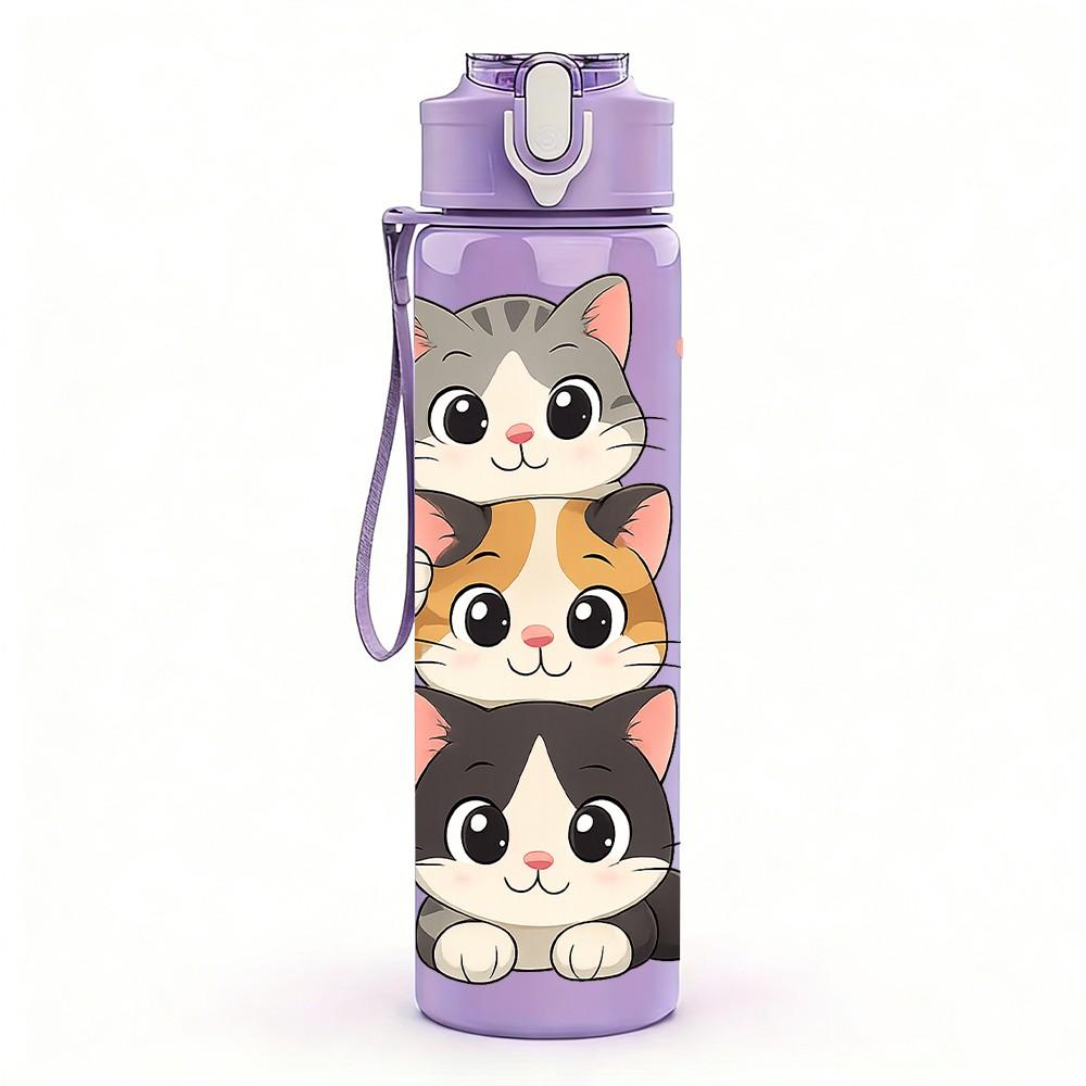 1PC Stacked Cute Cat Pet Animal Pattern 750ml Color Plastic Sports Water Bottle Leakproof Flip Straw Lid Suitable for Sports Office Home Use