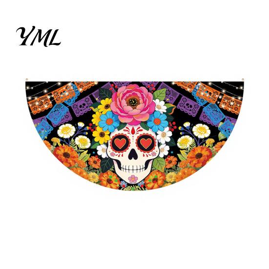 Durable Polyester Bunting Day of The Dead Skull Banner, Marigold Print Fiesta Decorative Wall Hanging Flag, Colorful Sugar Outdoor Yard Party