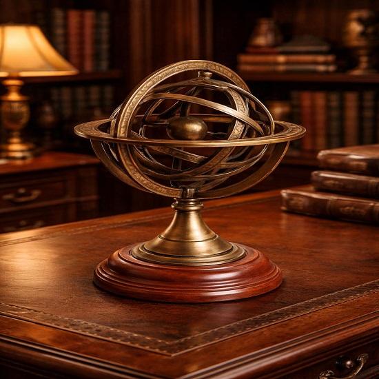 12.7 cm Brass Armillary Sphere Globe on Wooden Base Nautical Desk Decor Christmas Father’s Day Gift