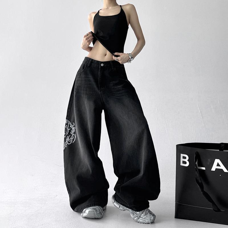 2025 Summer Unisex Retro Embroidered Scimitar Wide-Leg Jeans