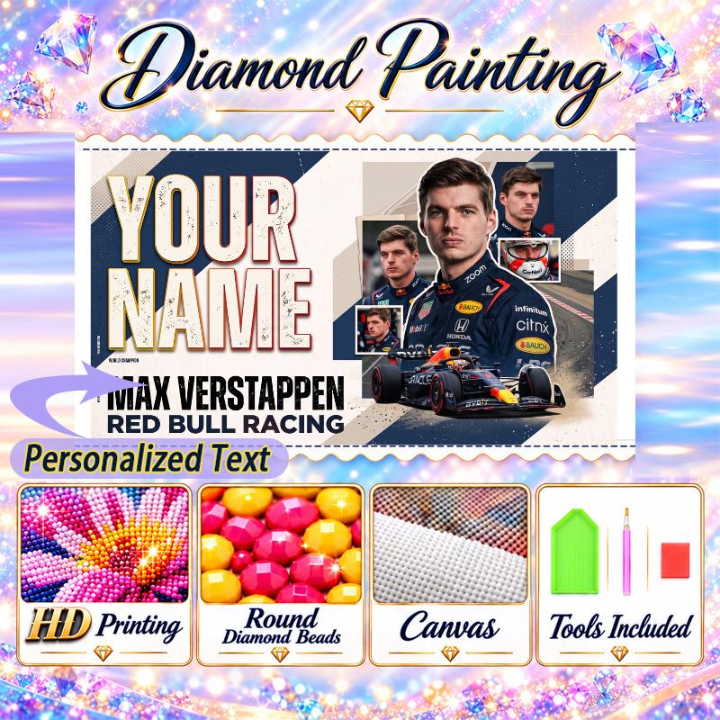 Max Verstappen 5D DIY Diamond Painting Custom Name Text, Full Drill Rhinestone Mosaic Art Home Gift