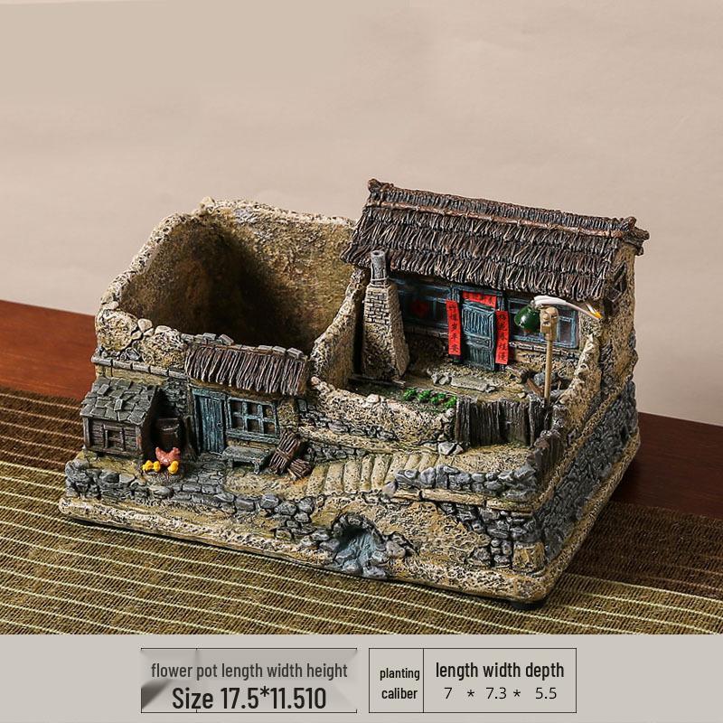 Retro Farmhouse Courtyard Miniature: Nostalgic Desktop Bonsai Decor for Living Room