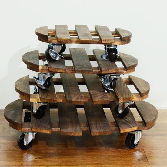 Wooden Flower Pot Tray Round Plant Rolling Board Outdoor Weatherproof Plant Pot Base with 360 Rotating Wheels for Indoor Outdoor Potted Plants