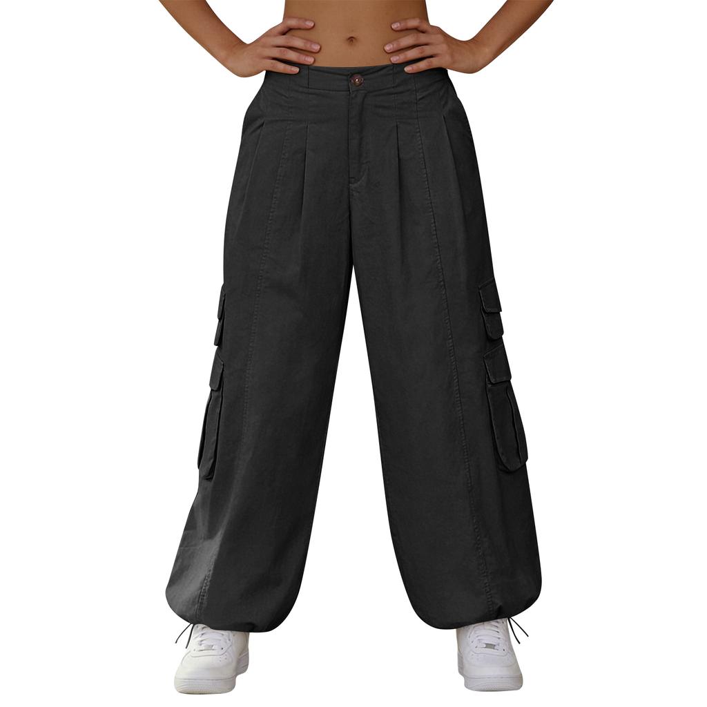 Women’s Loose Fit Wide Leg Cargo Pants with Multiple Pockets High Waist Button Closure Casual Trousers for Daily Wear