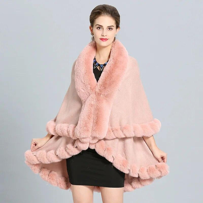10 Colors Winter Warm String Faux Fox Fur Long Knitted 2 Layer Poncho Cape Cloak Oversize Women Cardigan Loose Shawl Street Coat