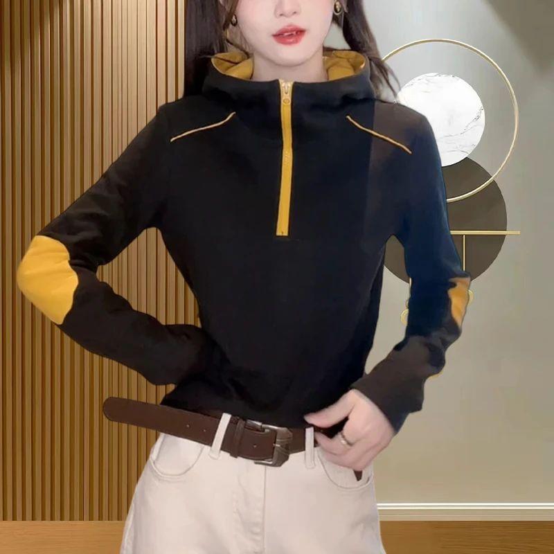 Fashionable Women's Hooded Color Block Pullover Coat with Zipper Simple
